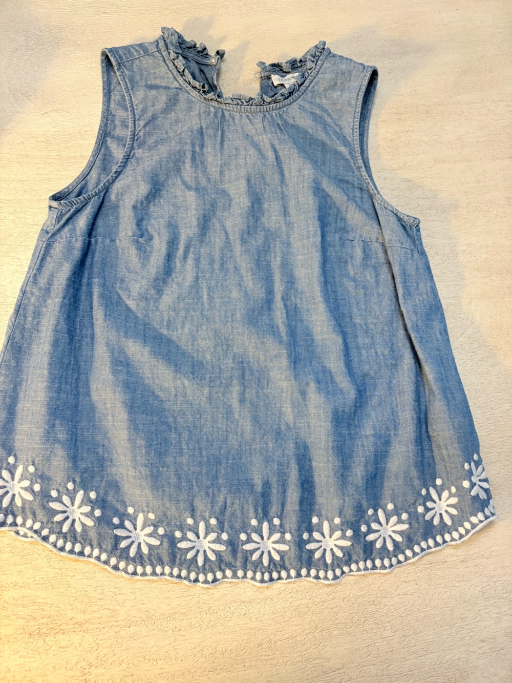J. Crew Factory Blue Chambray Sleeveless Tunic with White Floral Embroidery